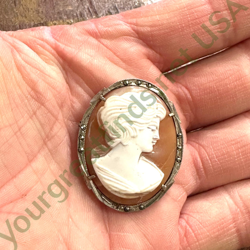 Vintage 800 Silver Carved Shell Cameo Pin Pendant