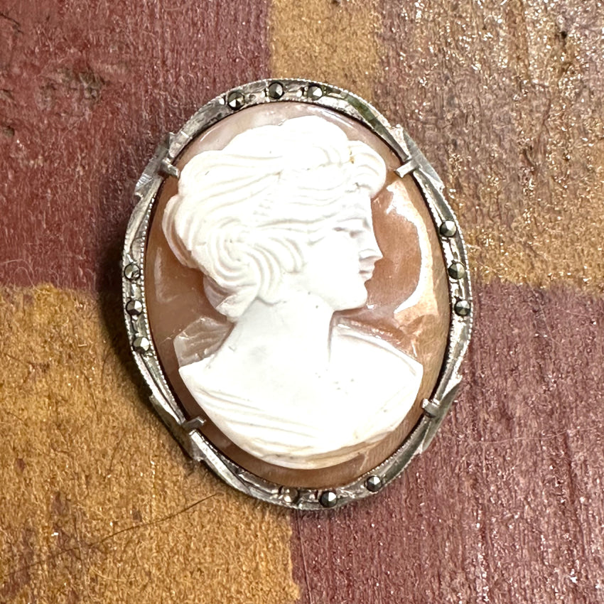 Vintage 800 Silver Carved Shell Cameo Pin Pendant