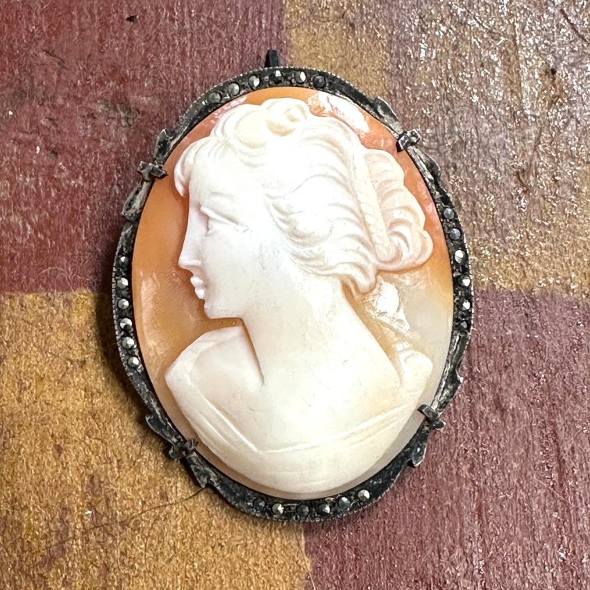 Vintage 800 Silver Carved Shell Cameo Pin Pendant