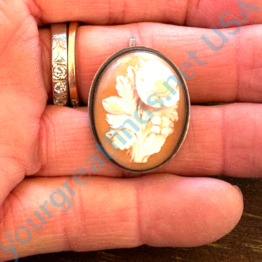 Vintage 800 Silver Carved Shell Flower Cameo Pendant Pin Pendant Pin