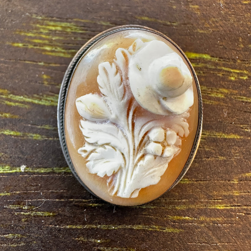 Vintage 800 Silver Carved Shell Flower Cameo Pendant Pin Pendant Pin