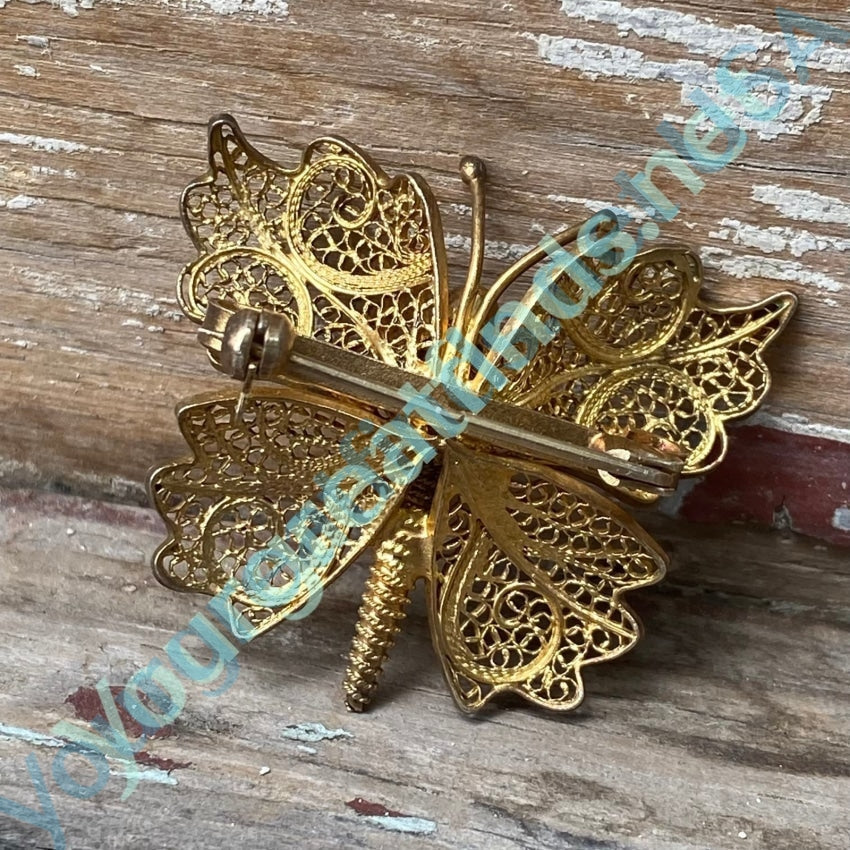 Vintage Gold Butterfly Brooch Filigree Orange Green Enamel 925 Italy Sterling Silver Gold Plated Overlay on sale Gold Wash