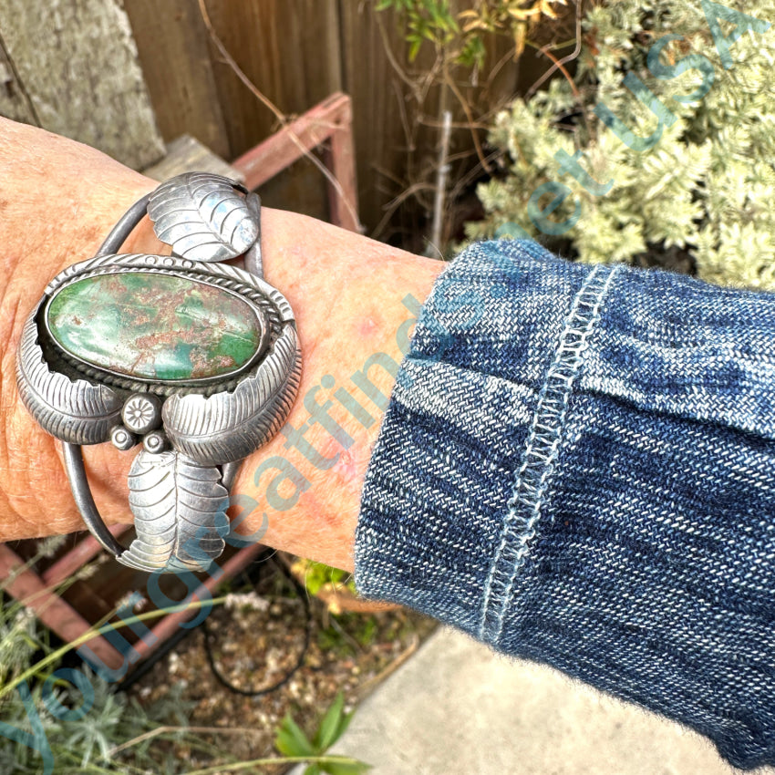 Vintage 925 Navajo 4 Feather & Hachita Mine Turquoise Cuff Bracelet Bracelet