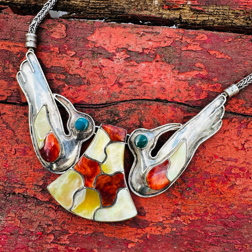 Vintage 950 Fine Sterling Silver Love Bird Necklace Channel Inlay Necklace