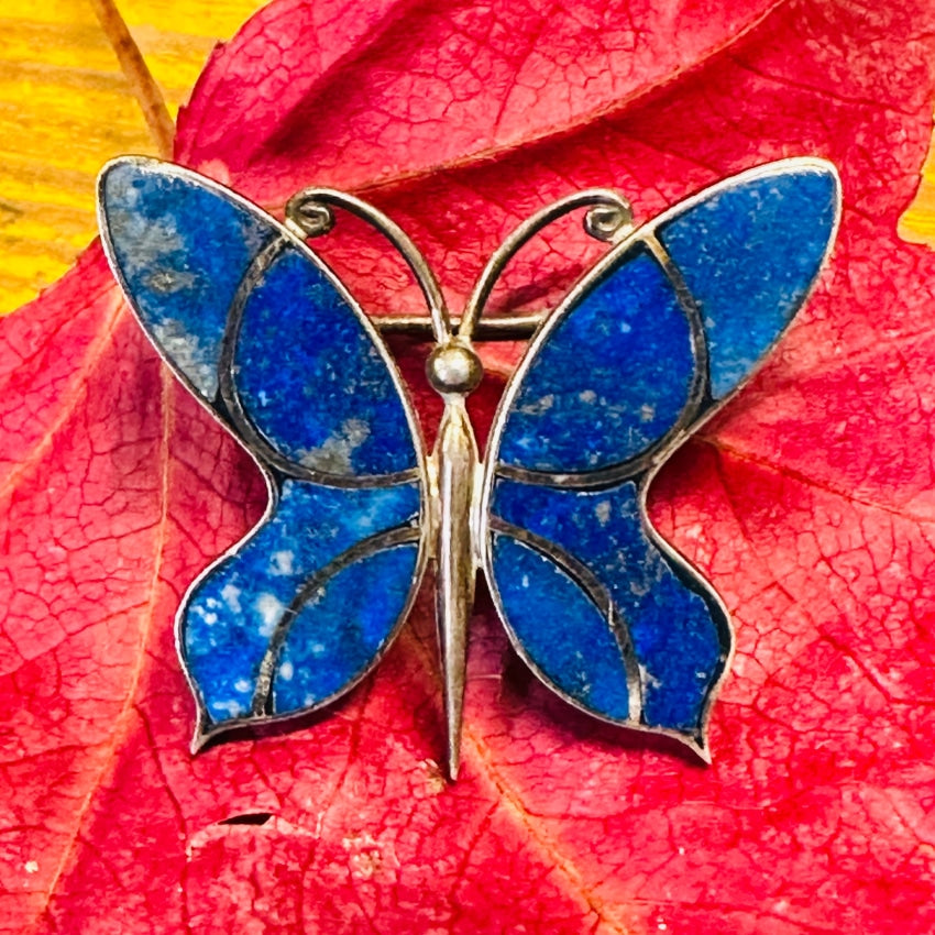 Vintage 975 Sterling Silver Lapis Lazuli Butterfly Pin