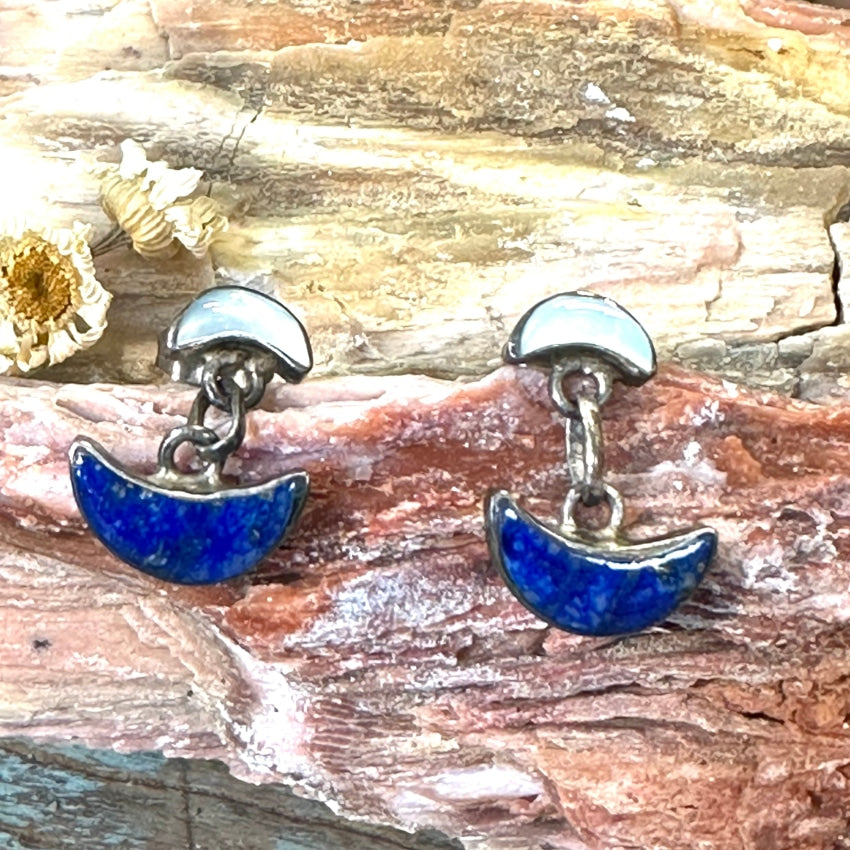 Vintage 980 Fine Sterling Silver Lapis Mop Moon Earrings