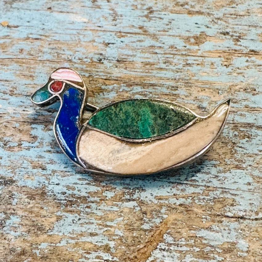 Vintage 980 Sterling Silver Channel Inlay Duck Pin
