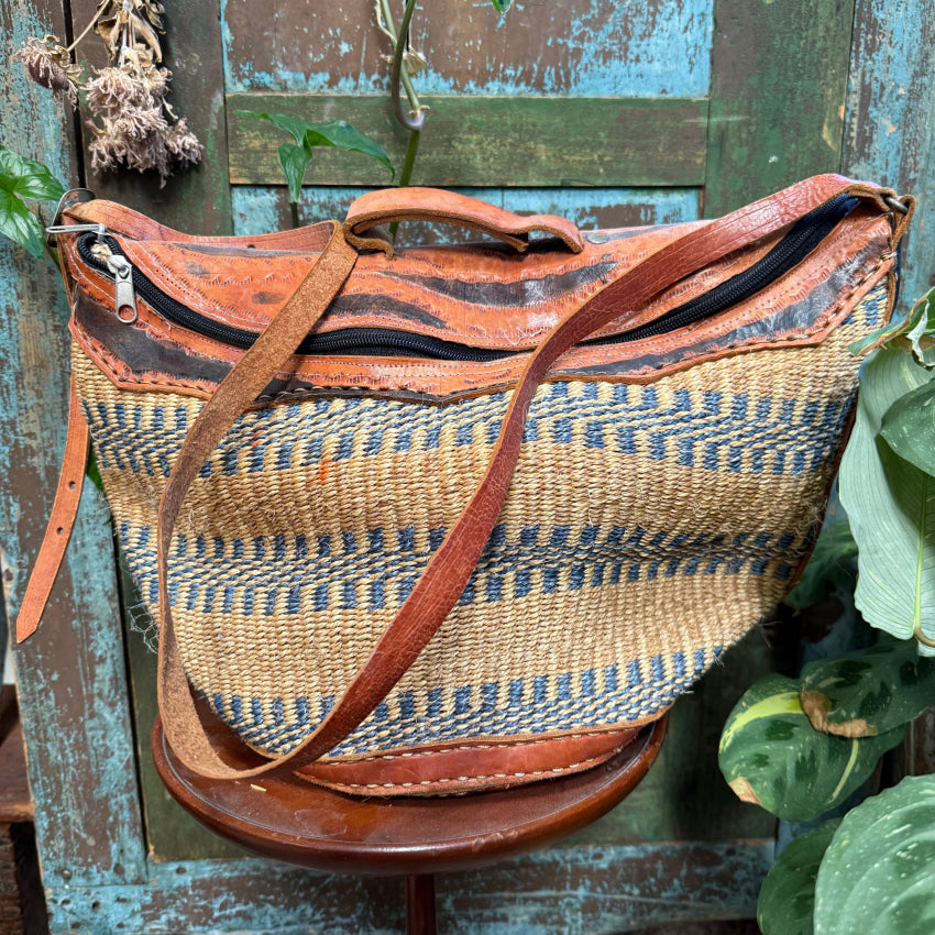 Vintage African Woven Jute Leather Market Tote Bag Purse Purse