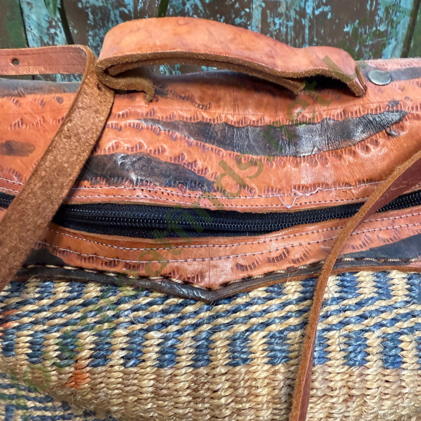 Vintage African Woven Jute Leather Market Tote Bag Purse Purse