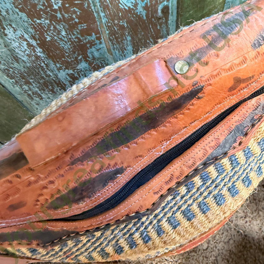 Vintage African Woven Jute Leather Market Tote Bag Purse Purse