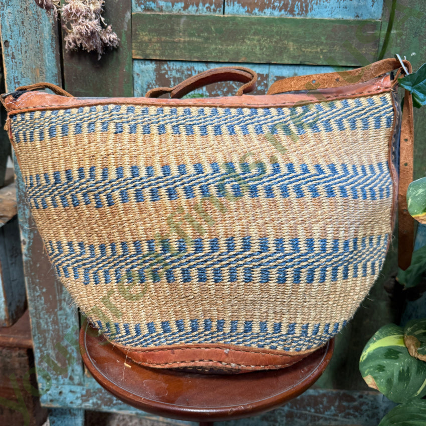 Vintage African Woven Jute Leather Market Tote Bag Purse Purse