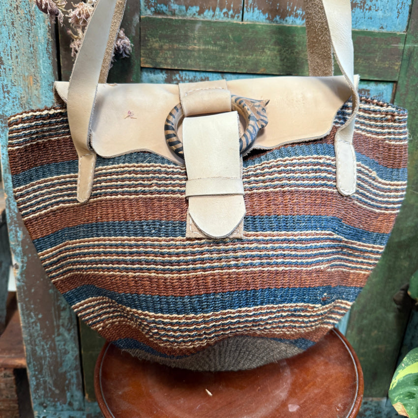 Vintage African Woven Jute Leather Market Tote Bag Purse Purse