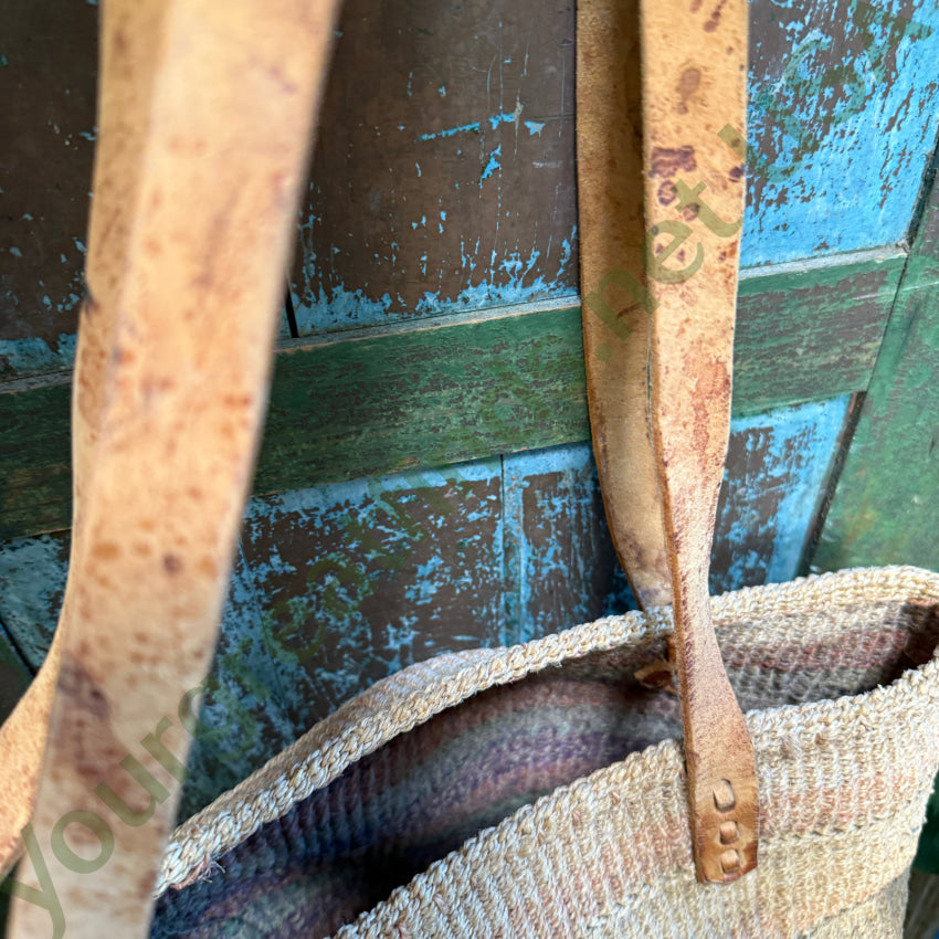 Vintage African Woven Sisal & Leather Market Tote Bag Purse Purse
