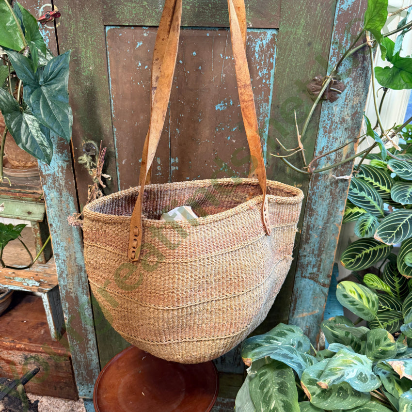 Vintage African Woven Sisal & Leather Market Tote Bag Purse Purse