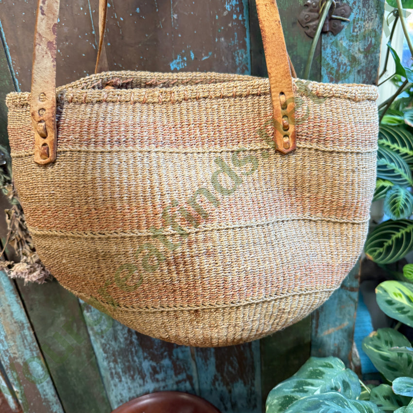 Vintage African Woven Sisal & Leather Market Tote Bag Purse Purse