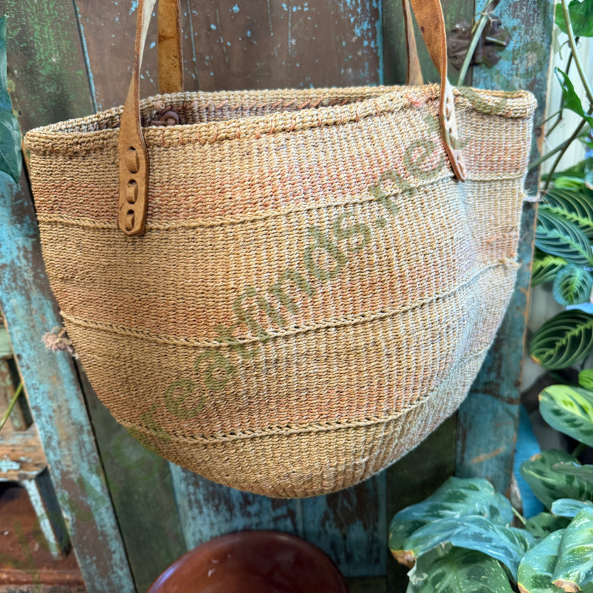 Vintage African Woven Sisal & Leather Market Tote Bag Purse Purse