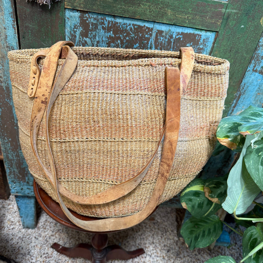 Vintage African Woven Sisal & Leather Market Tote Bag Purse Purse