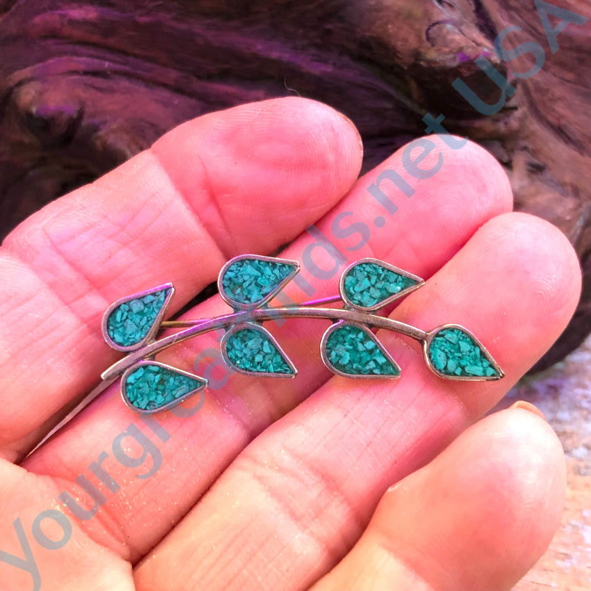 Vintage Alpaca Turquoise Mosaic Leaf Branch Pin Mexico