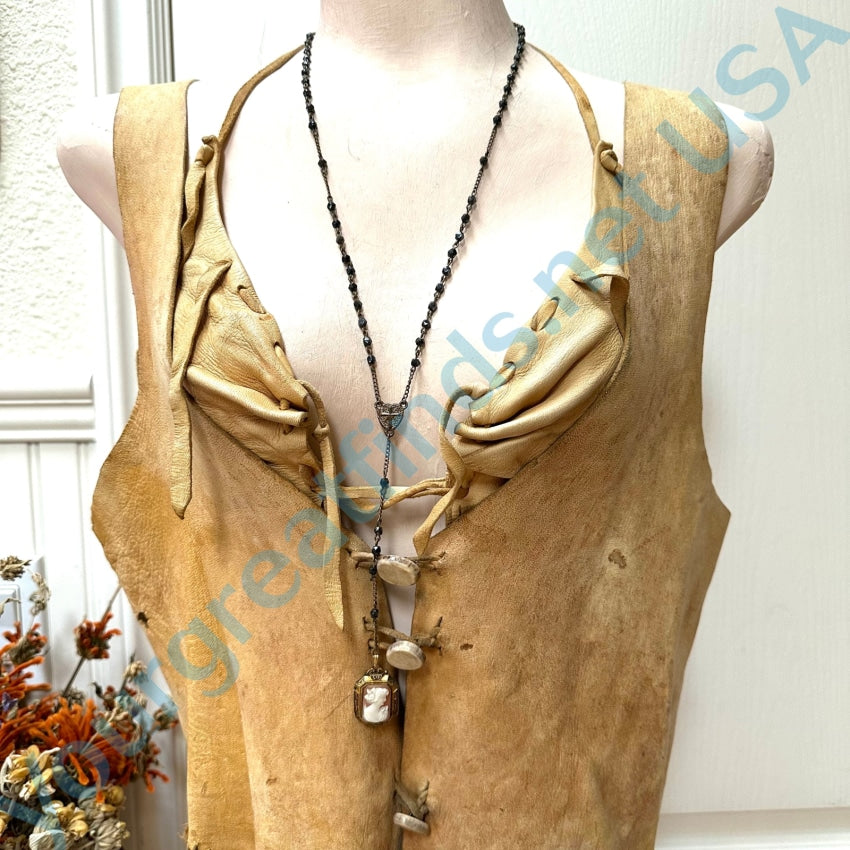 Vintage Apache Tears Carved Shell Cameo Locket Rosary Necklace