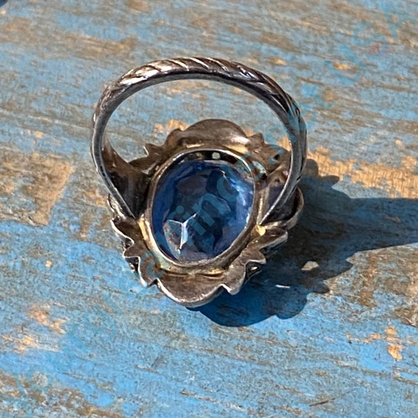 Vintage Art Nouveau Style Sterling Ring Bright Blue Stone 6.5