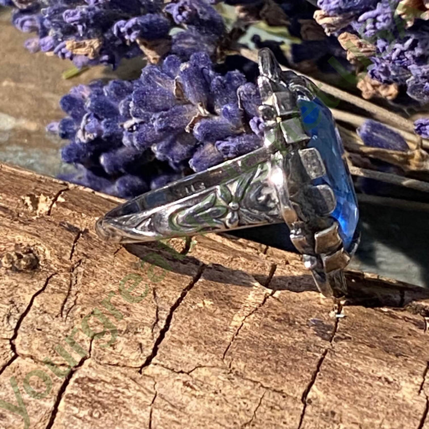 Vintage Art Nouveau Style Sterling Ring Bright Blue Stone 6.5