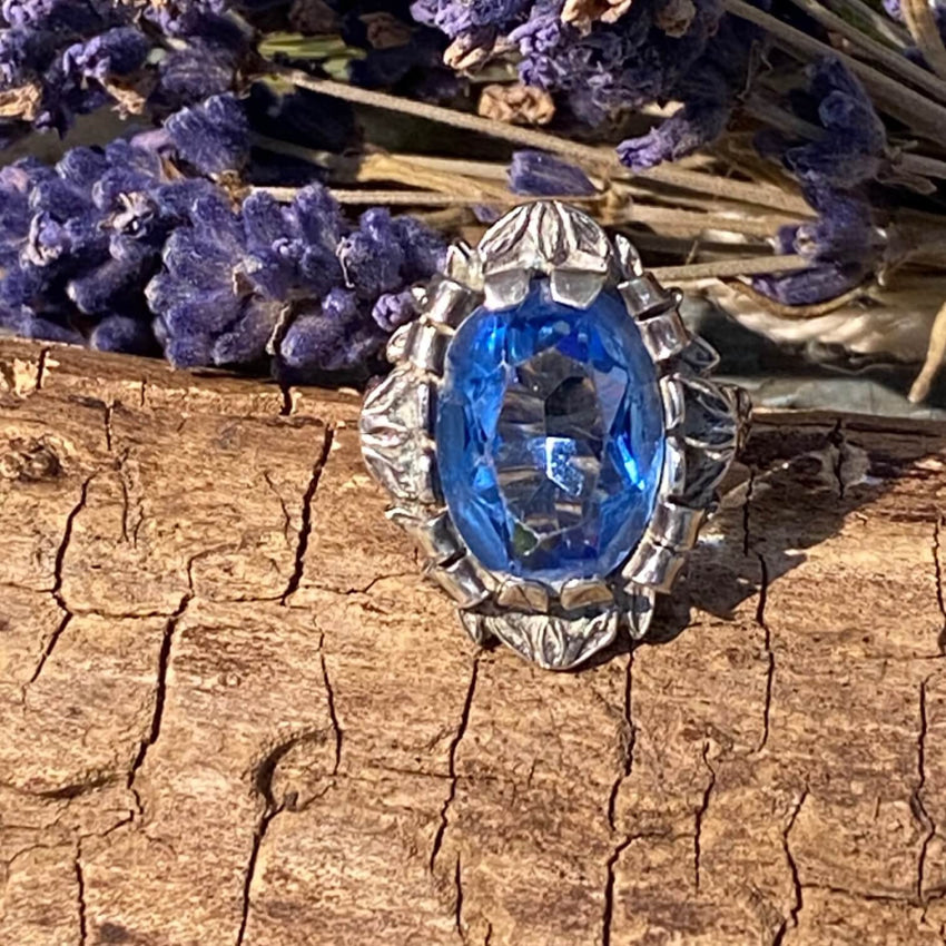 Vintage Art Nouveau Style Sterling Ring Bright Blue Stone 6.5