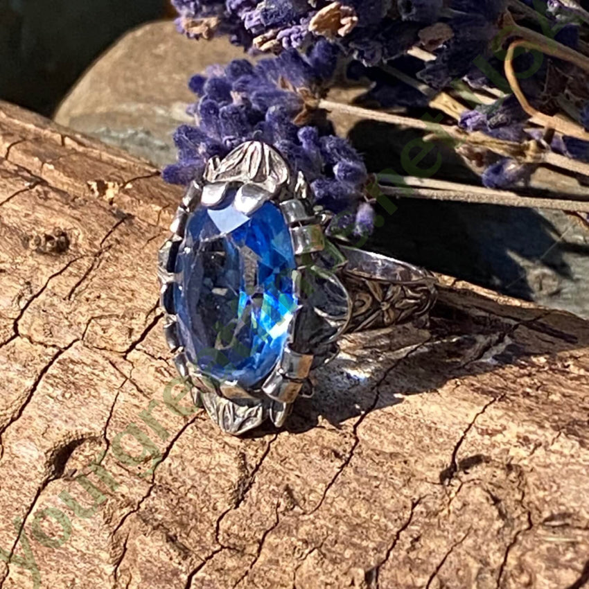 Vintage Art Nouveau Style Sterling Ring Bright Blue Stone 6.5