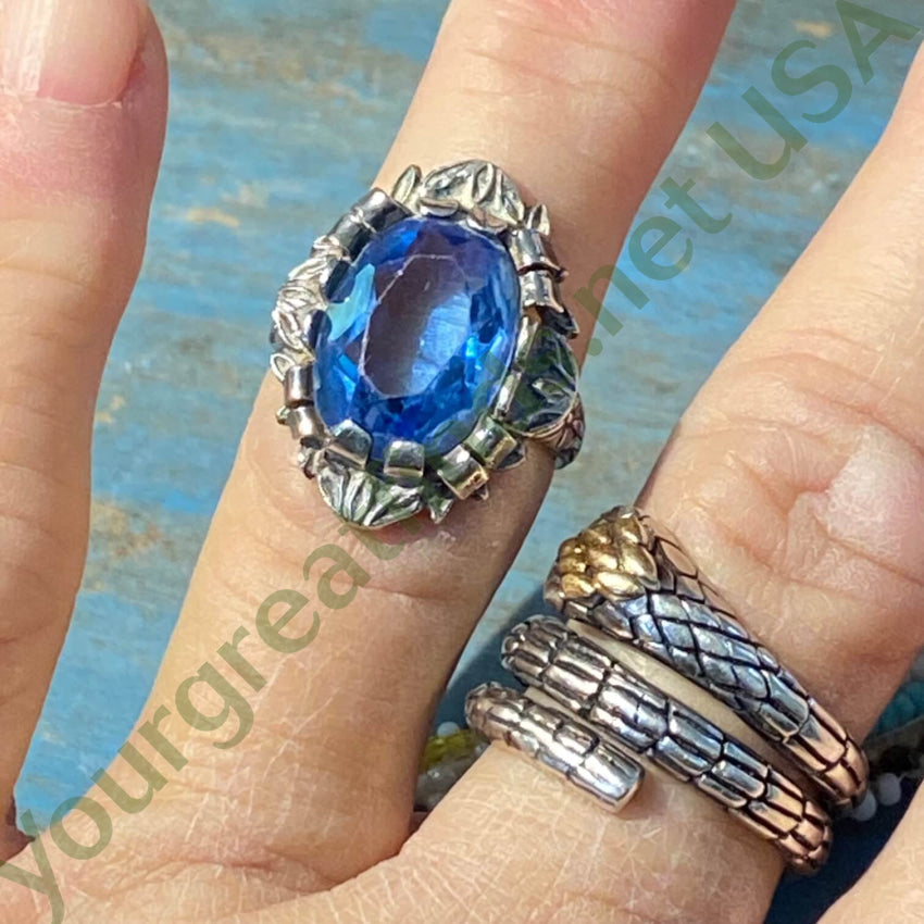 Vintage Art Nouveau Style Sterling Ring Bright Blue Stone 6.5