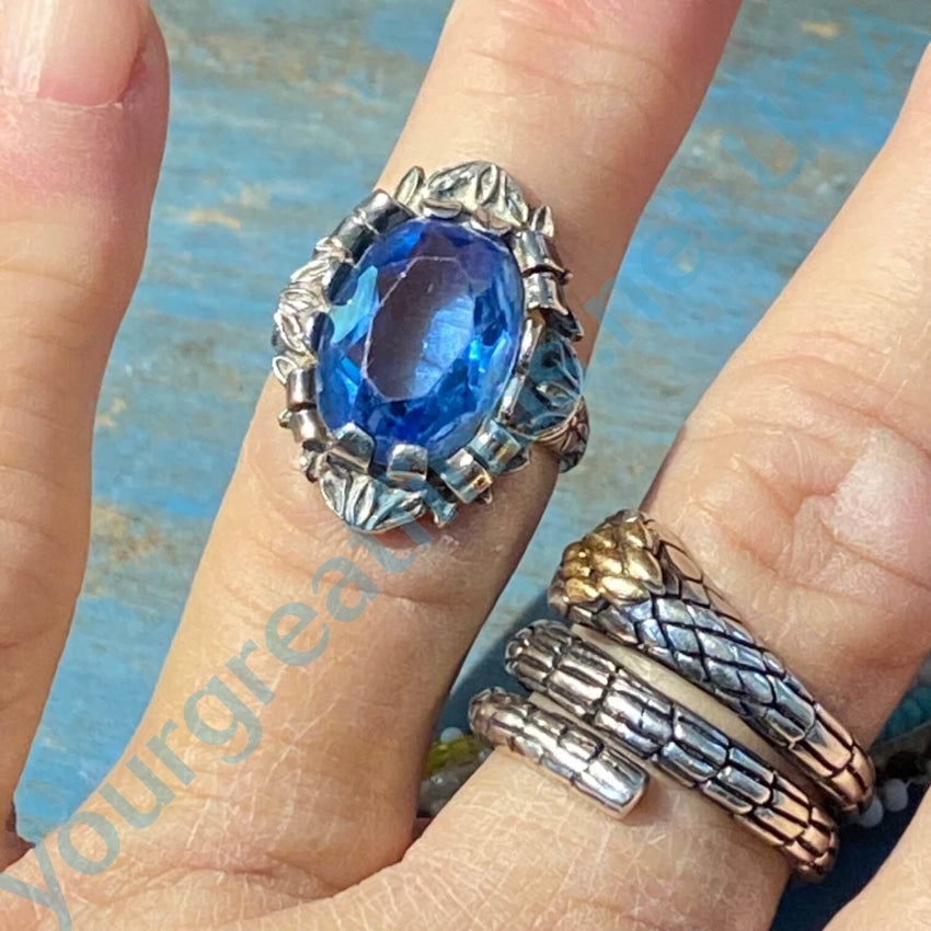 Vintage Art Nouveau Style Sterling Ring Bright Blue Stone 6.5