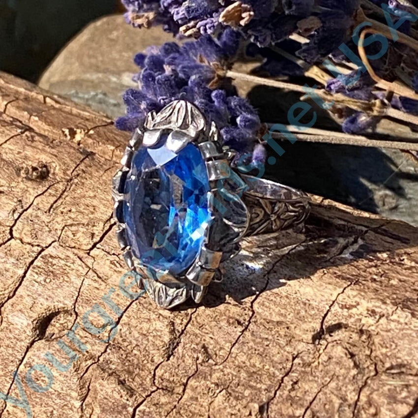 Vintage Art Nouveau Style Sterling Ring Bright Blue Stone 6.5