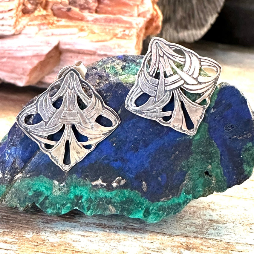 Vintage Art Nouveau Style Sterling Silver Pierced Post Earrings