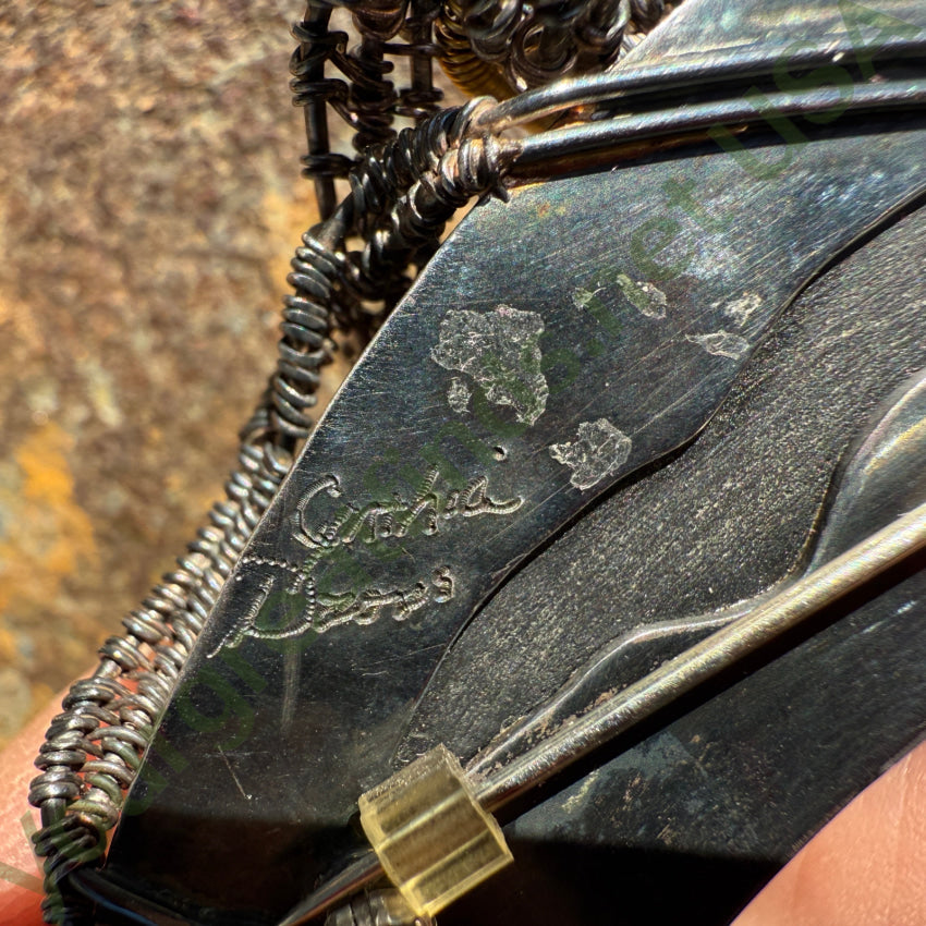 Vintage Artisan Modernist Pin Pendant Black Druzy Signed 925 10k Gold pendant pin