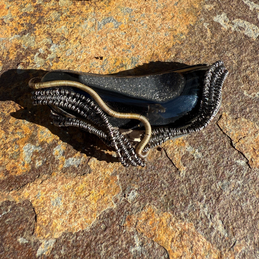 Vintage Artisan Modernist Pin Pendant Black Druzy Signed 925 10k Gold pendant pin