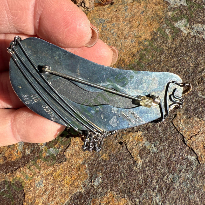 Vintage Artisan Modernist Pin Pendant Black Druzy Signed 925 10k Gold pendant pin