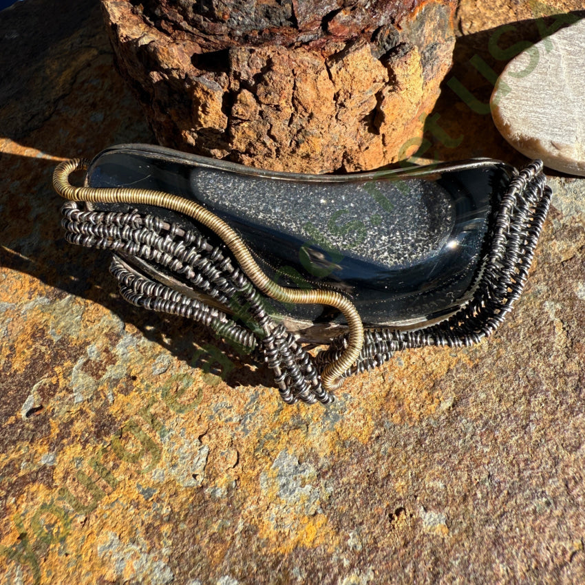 Vintage Artisan Modernist Pin Pendant Black Druzy Signed 925 10k Gold pendant pin