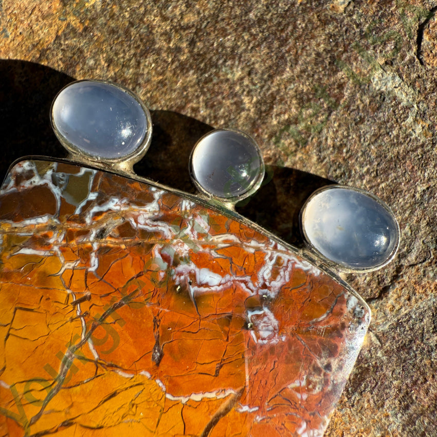 Vintage Artisan Modernist Pin / Pendant Petrified Wood Moonstone Brooch pendant pin