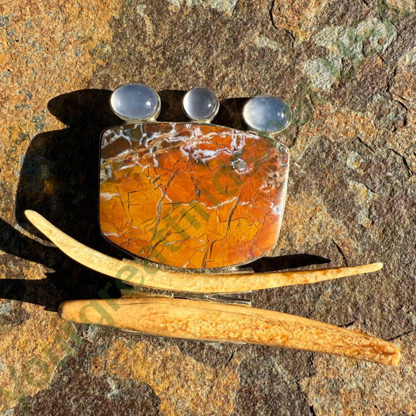 Vintage Artisan Modernist Pin / Pendant Petrified Wood Moonstone Brooch pendant pin