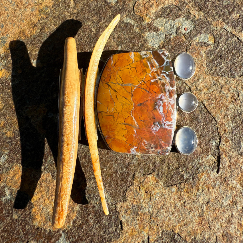 Vintage Artisan Modernist Pin / Pendant Petrified Wood Moonstone Brooch pendant pin