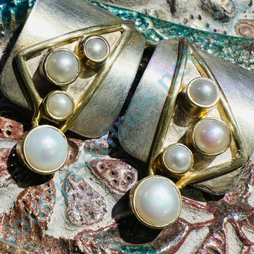 Vintage Artisan Sterling Silver Gold Plate Fresh Water Pearl Pierced Earrings