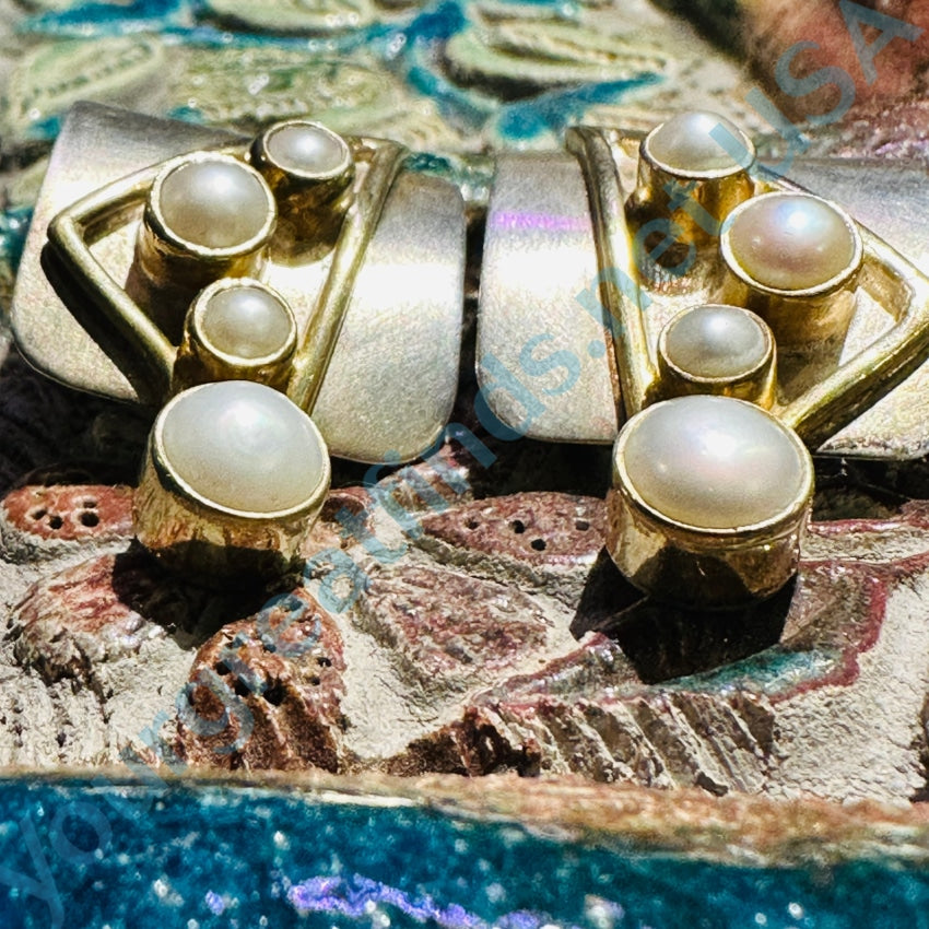 Vintage Artisan Sterling Silver Gold Plate Fresh Water Pearl Pierced Earrings