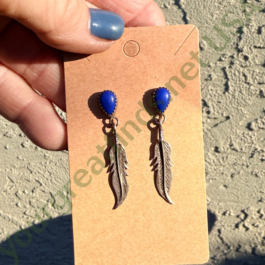 Vintage Azurite & Sterling Silver One Feather Pierced Post Earrings earrings