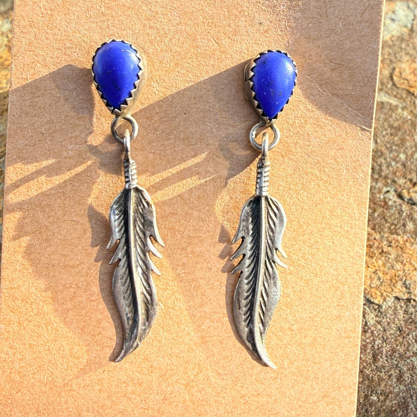 Vintage Azurite & Sterling Silver One Feather Pierced Post Earrings earrings