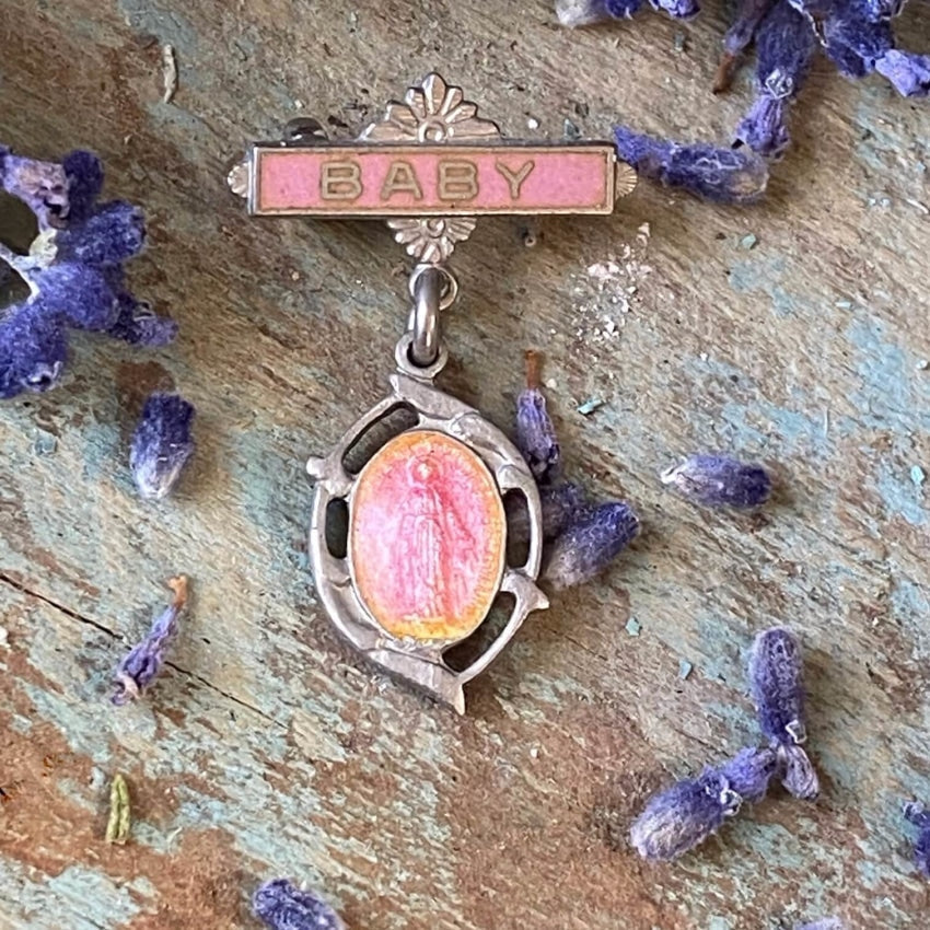 Vintage Baby GIrl Sterling Silver Enamel Miraculous Mary Pin Yourgreatfinds