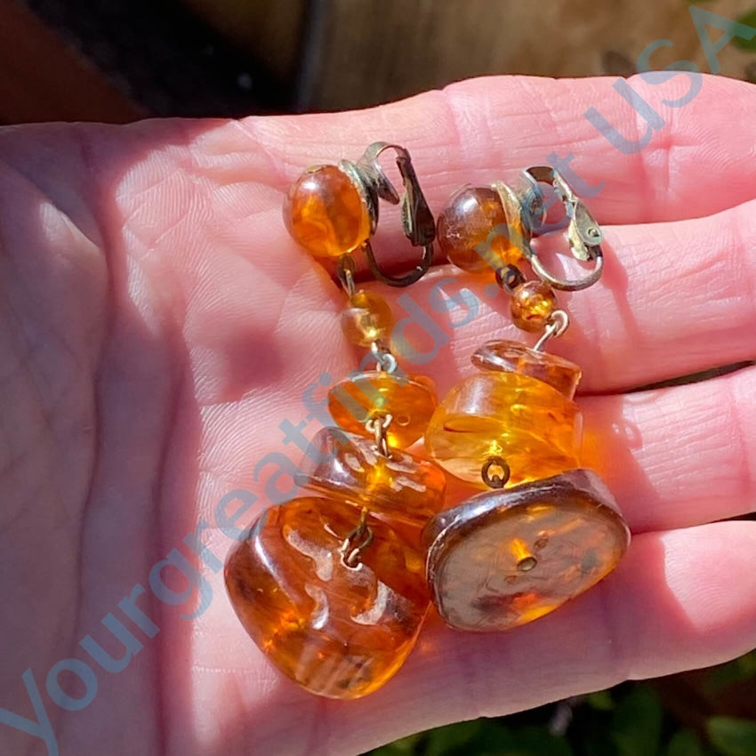 Vintage Bakelite Faux Amber Chunky Clip Earrings