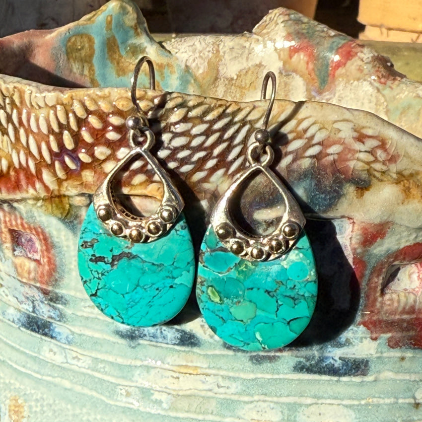 Vintage Barse Sterling Silver Gold & Turquoise Pierced Earrings earrings