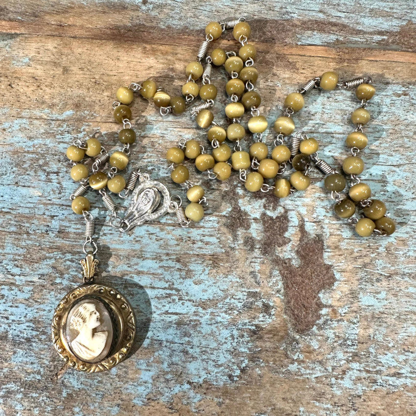 Vintage Beaded Carved Shell Cameo Rosary Necklace