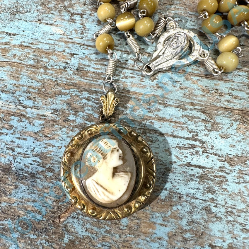 Vintage Beaded Carved Shell Cameo Rosary Necklace
