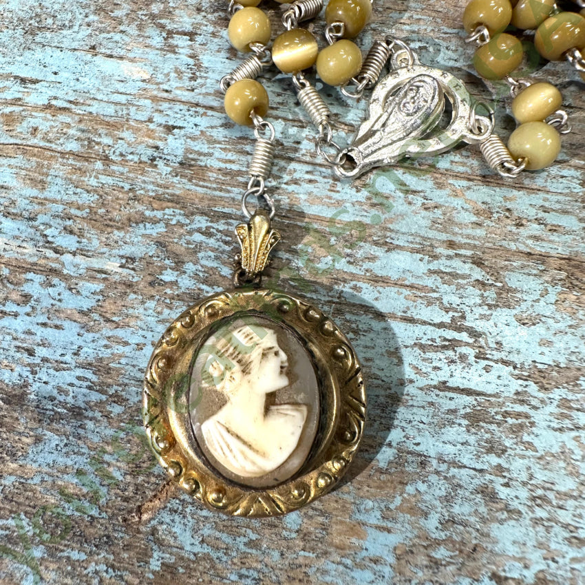 Vintage Beaded Carved Shell Cameo Rosary Necklace