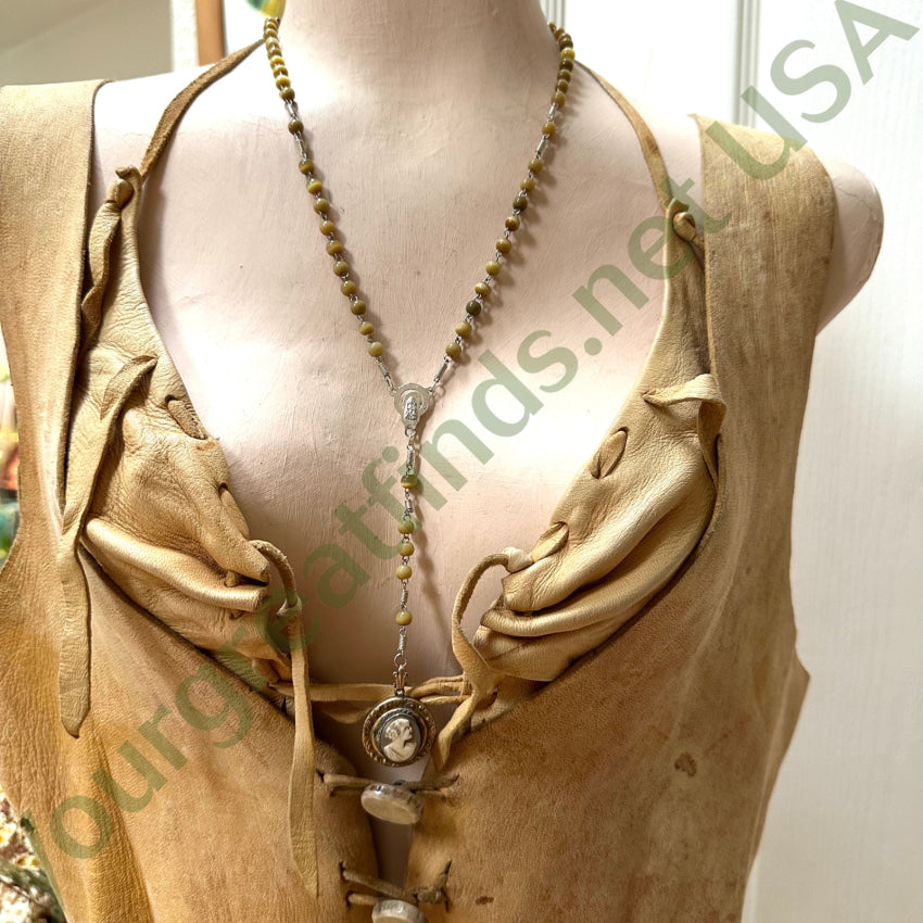 Vintage Beaded Carved Shell Cameo Rosary Necklace