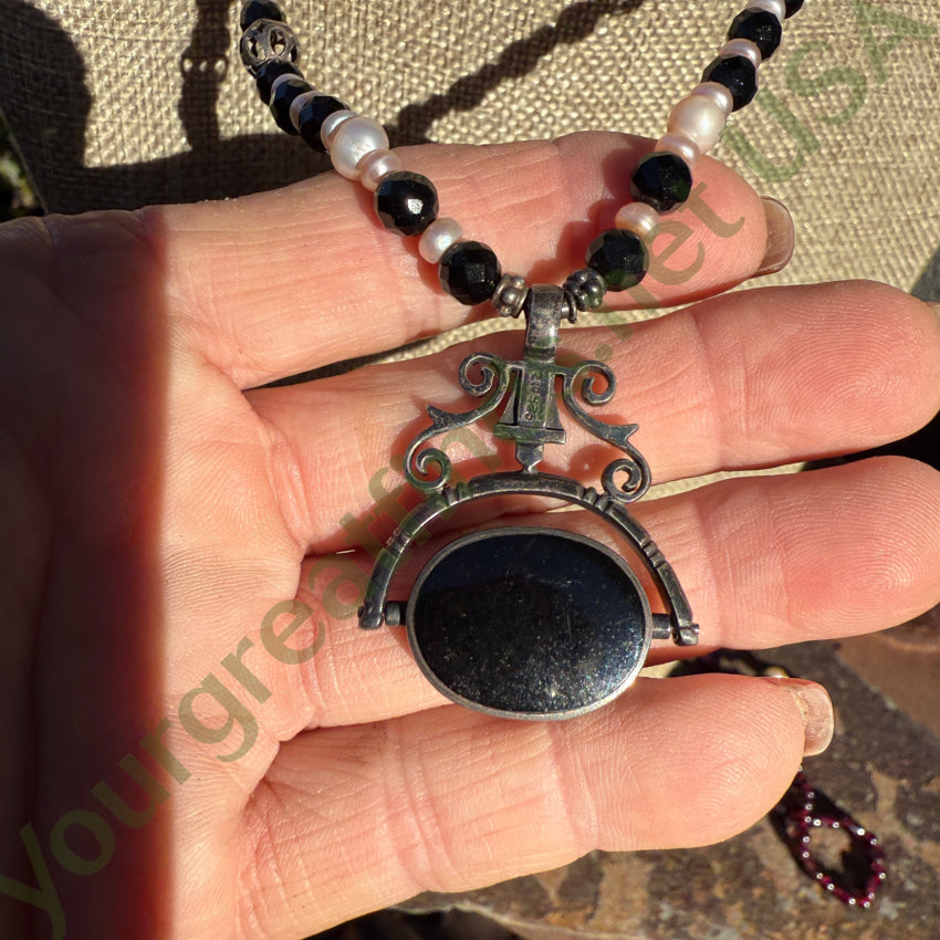 Vintage Beaded Necklace Sterling Silver Double Sided Pendant Pearls necklace